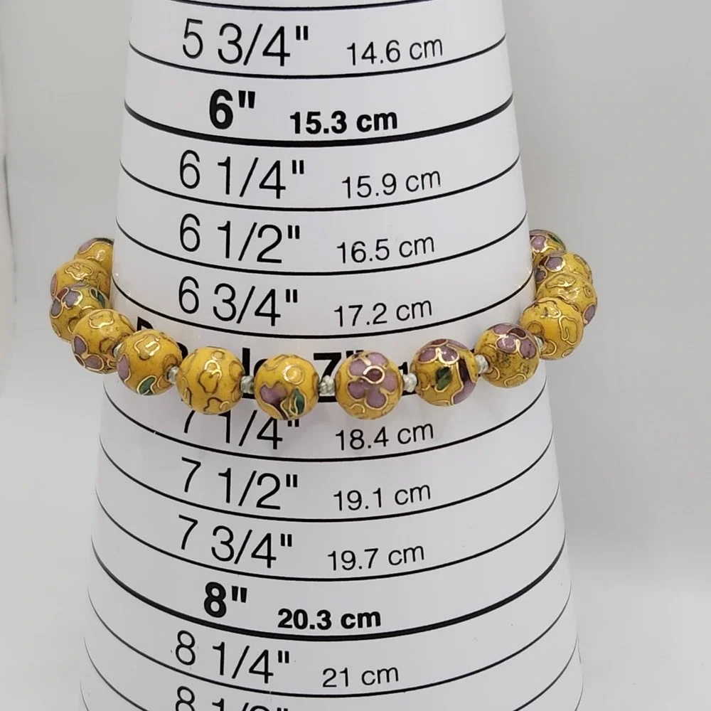 Vintage Chinese Cloisonne Bead Bracelet Yellow‎ Enamel Purple Floral 7 Inch Boho